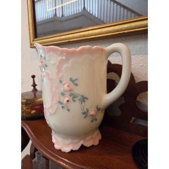Antique Dithridge Milk Glass Rose Pitcher 8" EAPG Hand Painted Victorian 1800s - Picture 2 of 10